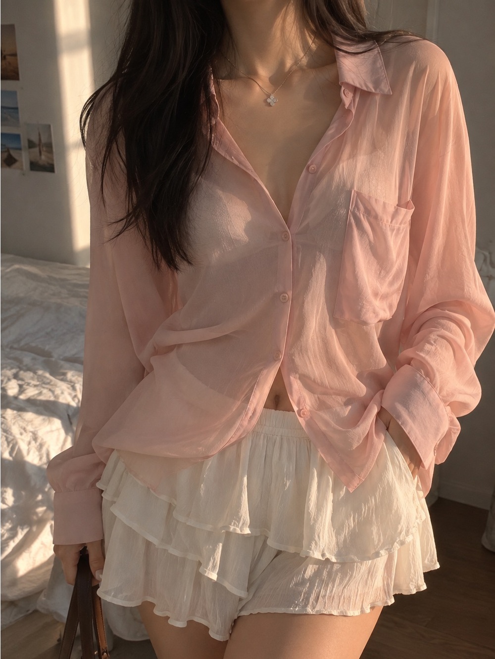 Sheer Pink Button-Down Women's Top